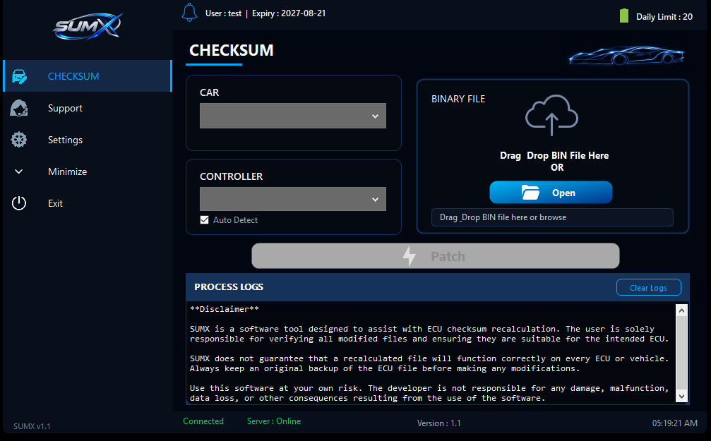 SUMX desktop app showing car and controller selectors, a binary file drop zone, and a Patch button